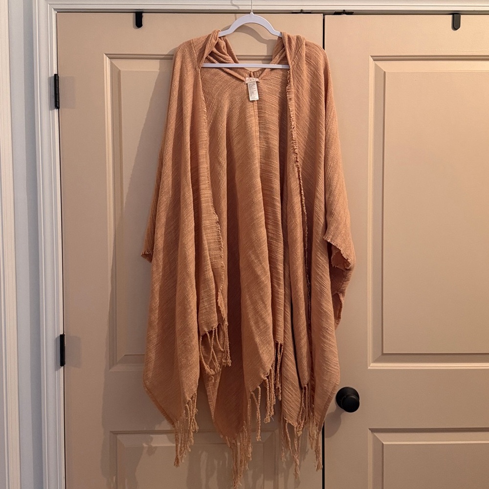 NWOT Free People textured cotton Open Front Hooded Fringe Kimono Wrap Peach - Picture 3 of 4